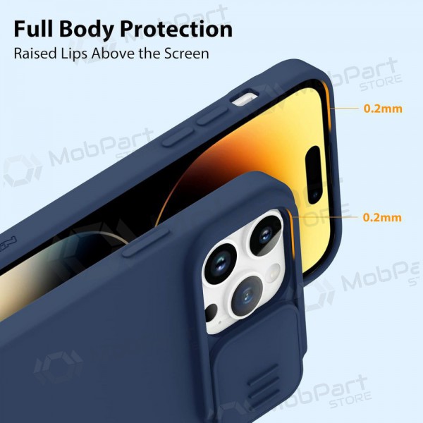 Ümbris / kaaned Nillkin CamShield Silky Silicone Apple iPhone 15 Pro tumesinine