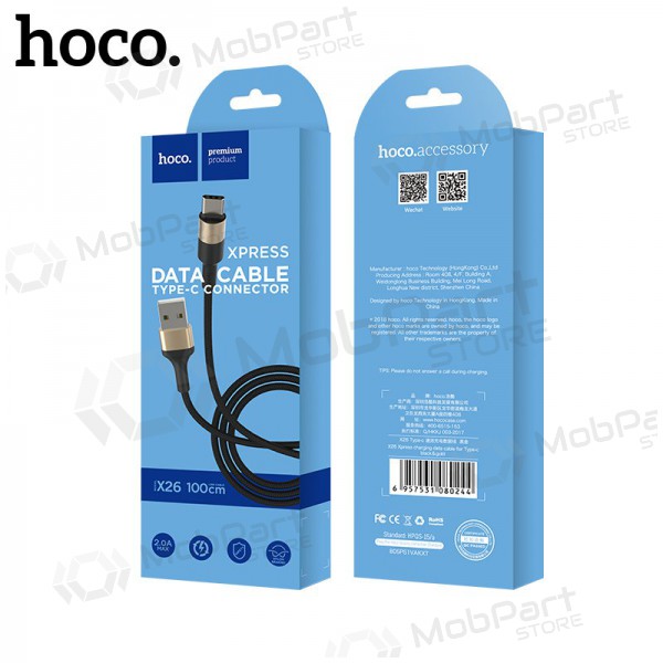 USB kaabel Hoco X26 Type-C 1.0m (mustad / kuldsed)