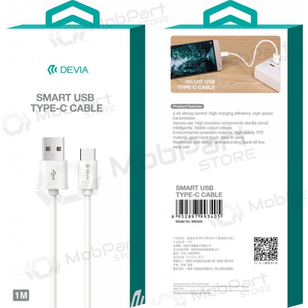 USB kaabel Devia Smart Type-C 1.0m (valged)